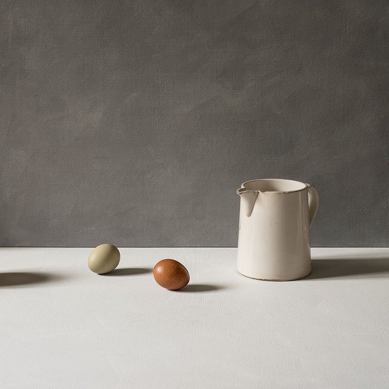 Deux coquilles et pichet blanc